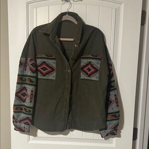 Olive Green Jacket with Patterned Sleeves